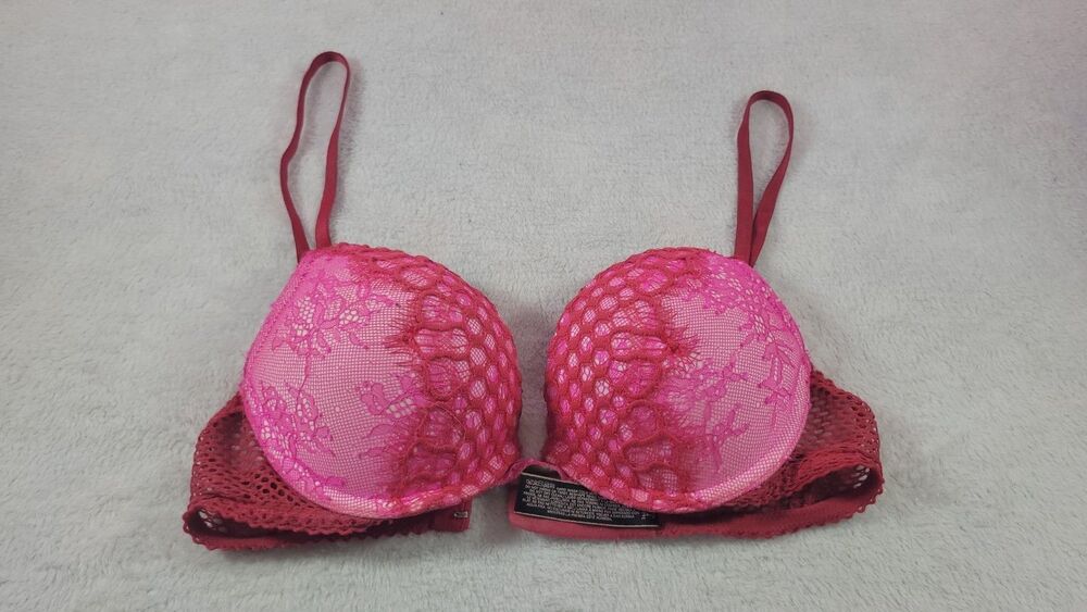 Victorias Secret Bombshell Add 2 Cups Push Up Bra 32A Hot Pink Red Lace Plunge